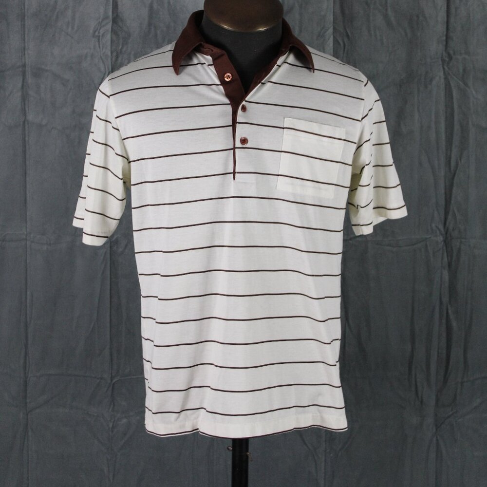 Vintage Golf Shirt - White with Brown Stripes by Cougar - Men's Large